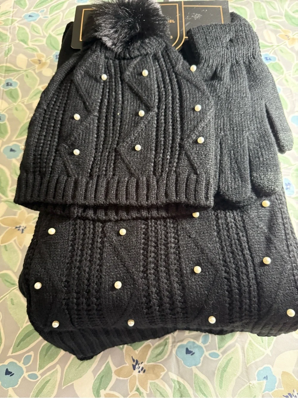 Black Pearl-Accent Cable Knit Women's Hat, Gloves & Scarf Set